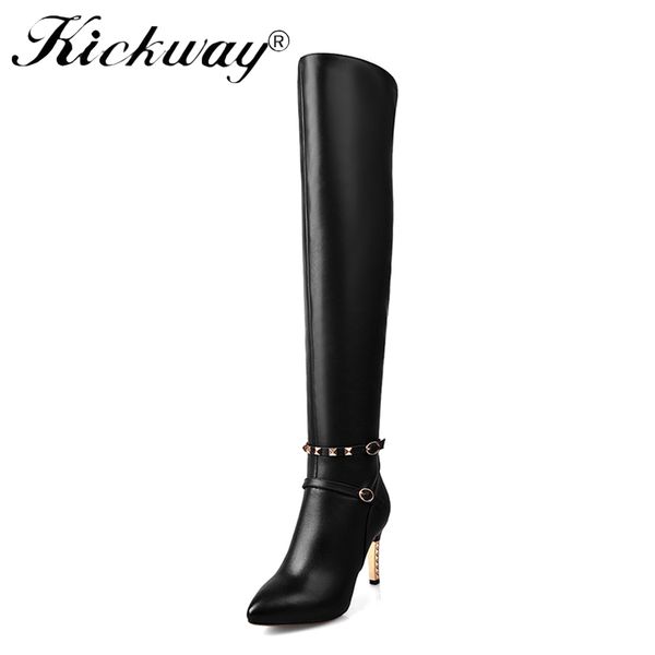 

kickway 2017 winter platform over the knee thigh high boots woman shoes plush high heels genuine leather pointed toe women, Black
