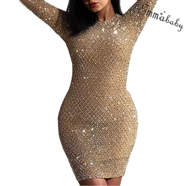 

gold sequin dress women club dresses 2019 slim long mesh sleeve fit backless bodycon party nightclub mini vintage vestido, Black;gray