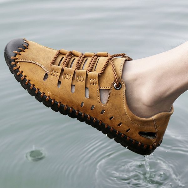 

2019 new male shoes genuine leather men sandals summer men shoes beach sandals handmade big size outdoor casual shoes men flats, Black