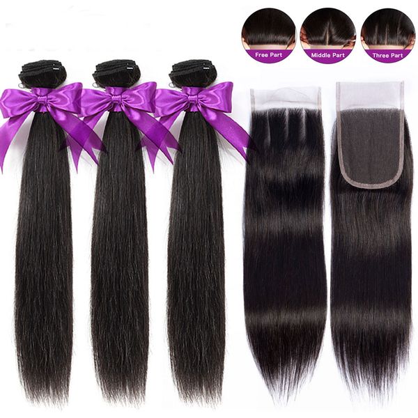 

brazilian hair weave straight bundles with closure 100% human hair bundles 3pcs 8-30inches 4x4 lace closure natural color 8a hair extensions, Black;brown