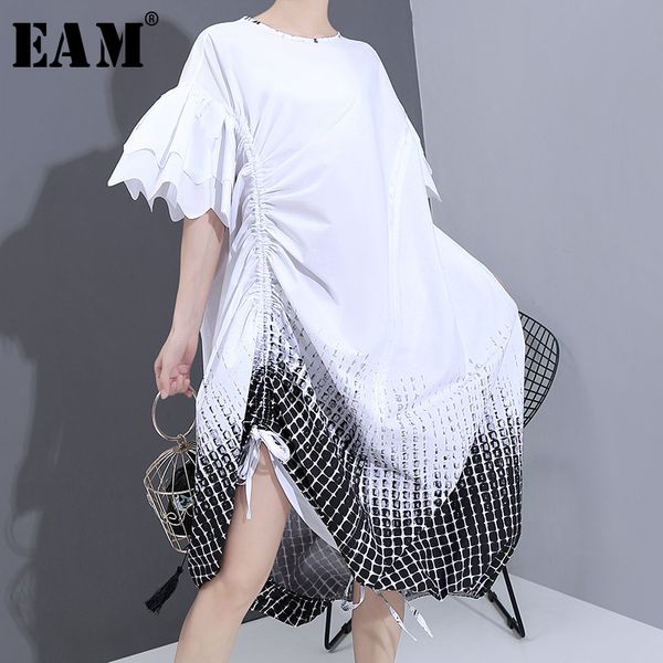 

eam] women white pattern printed drawstrng big size dress new round neck half sleeve loose fashion spring summer 2020 1t939, Black;gray