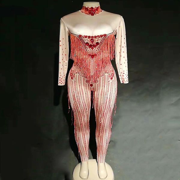 

glisten rhinestones jumpsuit red tassel women bodysuit festival outfit nightclub bar dance costume female singer leotard dj, Black;white