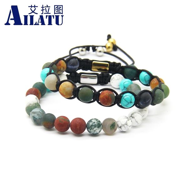 

ailatu новый дизайн смешивать цвета женская макраме браслет с 8 мм натуральный камень бусины из нержавеющей стали никогда не исчезают, Golden;silver