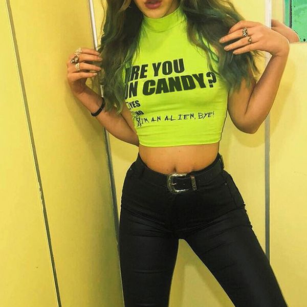 

fashion 2019 crop women letter print short tank turtleneck casual crop roupas feminina, White