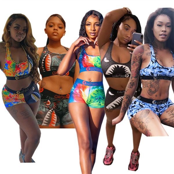 

fashion women swimwear tie-dye shark print two piece outfits sleeveless vest crop + shorts swimsuit summer bikini suit sportswear, Blue