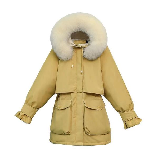 

winter thick fur collar down padded jacket women pockets white duck down padded coat solid hooded outwear long parkas, Black