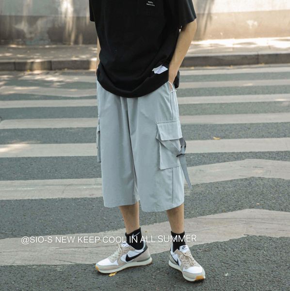 

men's pants 2021 spring and summer youth solid color large pockets loose cropped overalls fashion casual m-2xl, Black