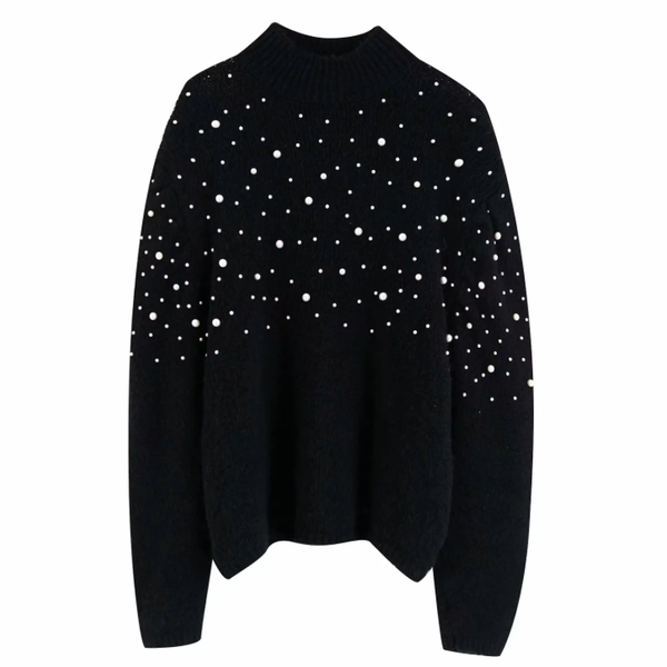 

new women vintage pearl decoration puff sleeve casual black sweater ladies retro basic knitted pullovers autumn chic s208, White;black
