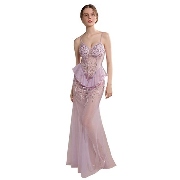 

purple strap see-through nightclub dress long skirt net yarn temptation v-neck private club car model women's ktv costume, Red