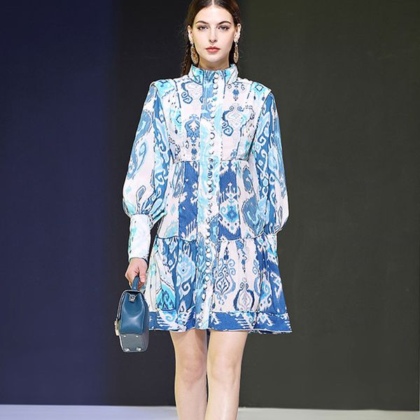 

brand fashion runway dress designers 2020 spring women's elegant lantern sleeve stand neck porceilain print holiday dress, Black;gray