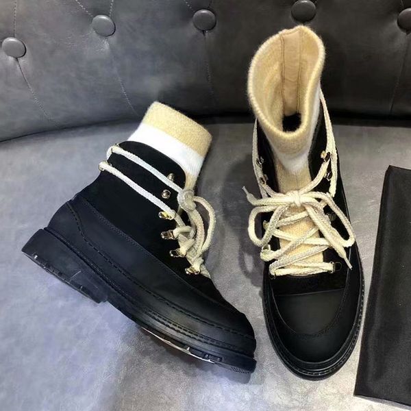 

fall / winter 19 new british short boots women's comfortable wool knitted wool low heel ankle boots lace up boots, Black