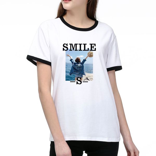 

women's t-shirts 2020 summer new womens fashion smile & girl pattern short sleeves t-shirt casual women breathable tee 2 color size s-2, White