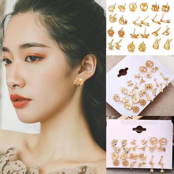 

trendy 12 pair/set women heart stud earrings for women earrings set gift woman jewelry, Golden;silver