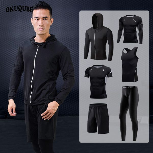 

men sportswear hoodie jacket workout clothes compression sports suit jogger training gym clothing elastic tracksuit running sets, Black;blue