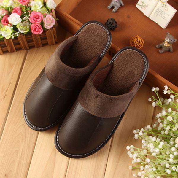 

genuine leather winter indoor slippers super warm anti-skip couple's home shoes comfortable casual shoes, Black
