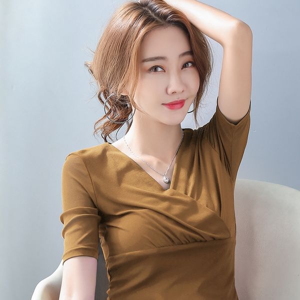 

2020 летняя футболка с короткими рукавами женская футболка sexy v-образным вырезом cross high-elastic mesh summer top short-sleeved base shi, White