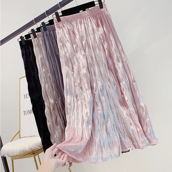 

new summer winter vintage pleuche pleated skirt women fashion slim high waist velour skirts elegant all-match velvet skirt mw866, Black