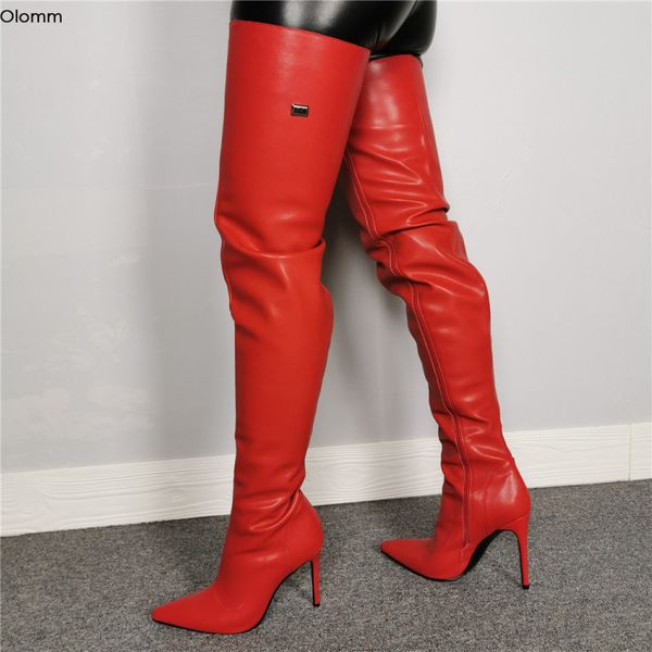 Rontic Neue Mode Frauen Oberschenkel Hohe Stiefel Stiletto High Heels Stiefel Spitz Super Sexy Rot Party Schuhe Frauen UNS größe 5-15