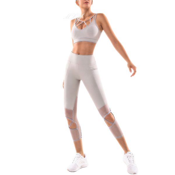 

female 2019 yoga set beauty back bandage yoga bra mesh stitching leggings 2 piece fitness running suit gym sport suit, White;black