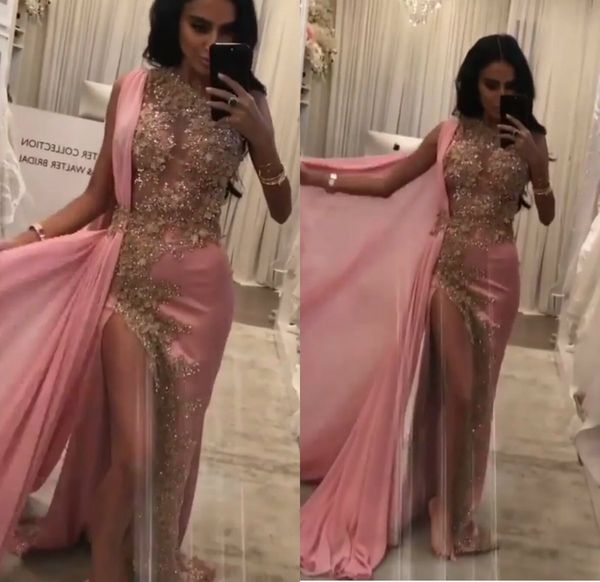 

2020 high side split evening dresses jewel neck lace appliqued beaded tulle mermaid prom dress with detachable train custom made party gowns, Black;red