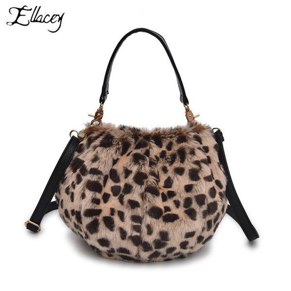

ellacey 2018 new ladies fashion fur cluth plush shoulder bag women solid leopard luxury handbags women bags designer bucket bag