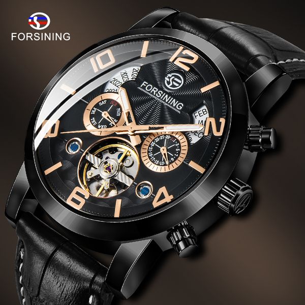 

forsining mechanical mens wristwatch black leather strap steel calendar men watch fashion business causal relogio masculino, Slivery;brown