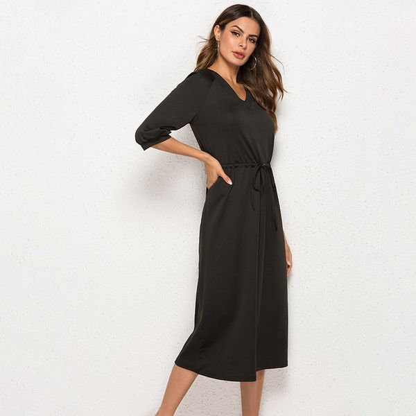 

lantern half sleeve v-neck shirt dress women soild fashion sashes casual dresses summer new mid-calf dress, Black;gray