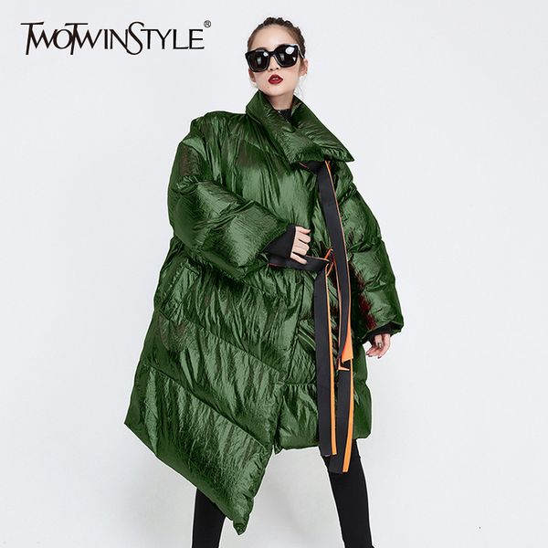 

twotwinstyle patchwork ribbons irregular women's down jacket lapel collar long sleeve warm cotton coats female autumn winter new, Black