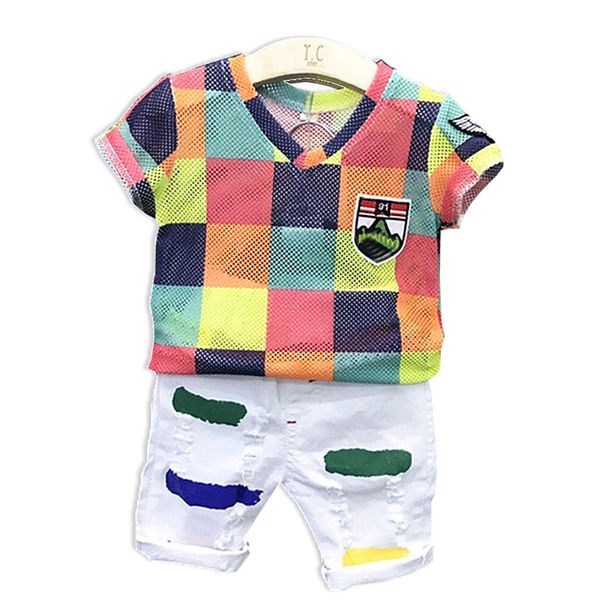 

l056 children's clothing set boy t-shirt & shorts mesh breathable short-sleeved t + rainbow bar white shorts