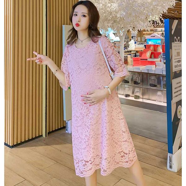

pregnant women fashion lace dress summer sweet short sleeve o-neck a-line maternity party dress office lady elegant cotton, White