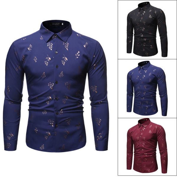 

wholesale european and american large size men's fashion henry collar design shirts stamping printing long sleeve shirt, White