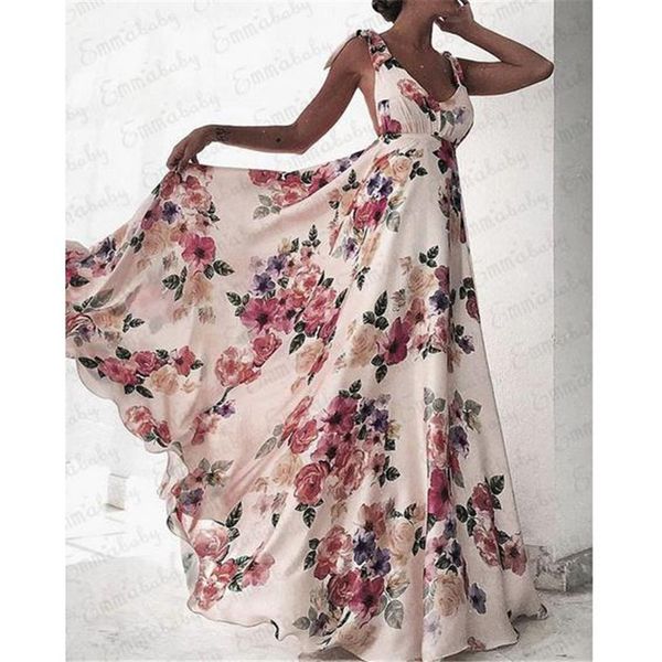 

women summer sleeveless dress floral print v-neck backless vintage long boho party cocktail women casual beach dress, Black;gray