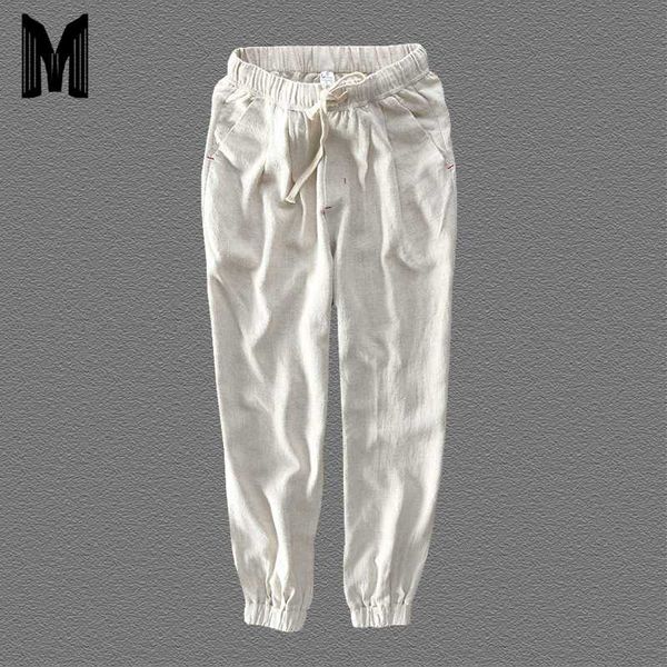 

men's summer casual harem pants natural cotton linen trousers white elastic waist harem ankle-length pants y1696, Black