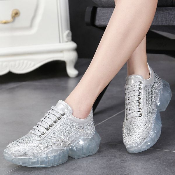 

red leather daddy shoes diamond sneakers sparkling crystal thicksoled muffin transparent casual shoes, Black