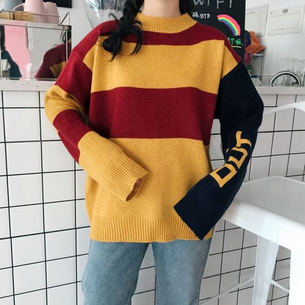 

new women autumn sweaters letter long sleeve knitted casual o-neck loose striped pullovers 2019 fashion l, White;black