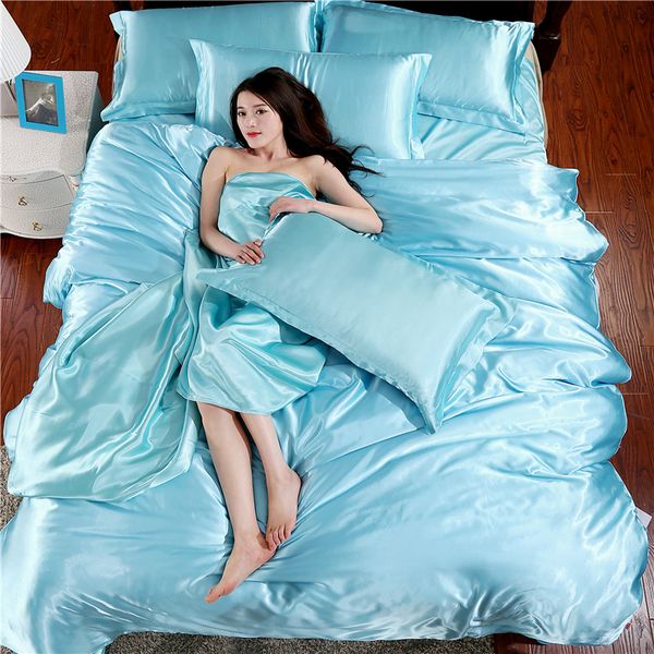 

ice silk 3pcs bedding set pure silk gong satin soft bed duvet cover pillowcase bed set bedclothes