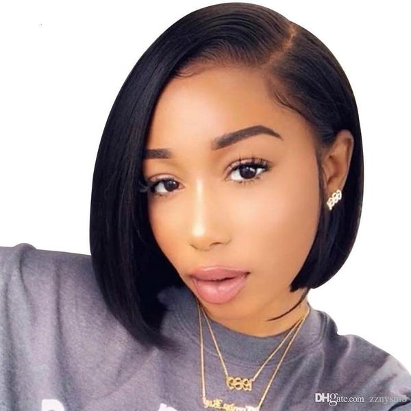 

lace волос парик фронта короткие боб человеческий бразильский straight remy боб прозрачный парик шнурка с pre-сорванные волосами младенца, Black