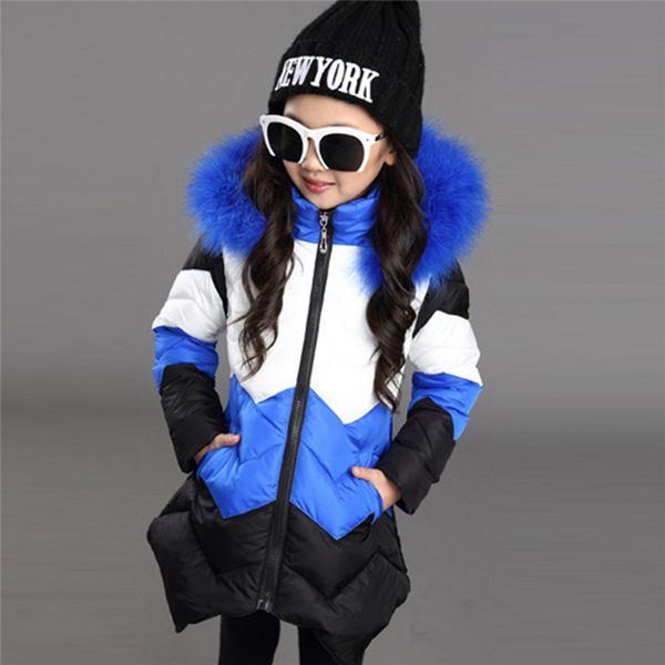 

6-14y 2018 winter children parkas girls winter coat thick fur collar coat large padded kids jacket girl child kids parkas, Blue;gray