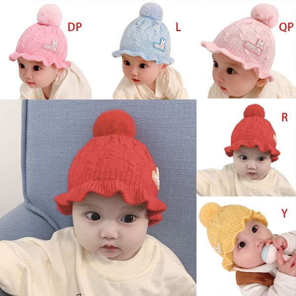 

winter newborn cute warm kids girls boys baby ball design hats cartoon print knitted wool hemming caps, Yellow