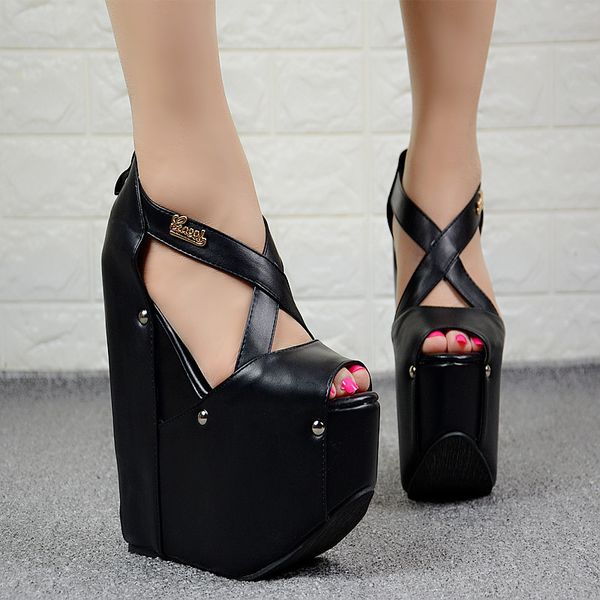 

european american style nightclub women shoes 18cm simple elegant high heels muffin platform super high heel wedge sandals, Black