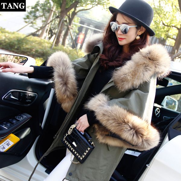 

women's fur & faux autumn winter cloak cotton jackets coats women large raccoon collar thicken bat sleeve loose long parka outerwear fe, Black