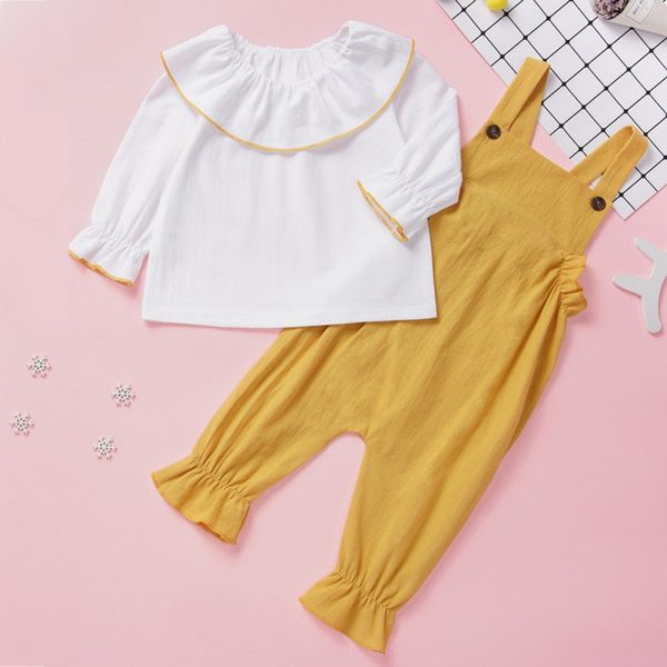 

spring autumn baby girl sets clothes kids fashion long sleeve solid color lapel cotton suspender 2 pcs suit girls outfits, White