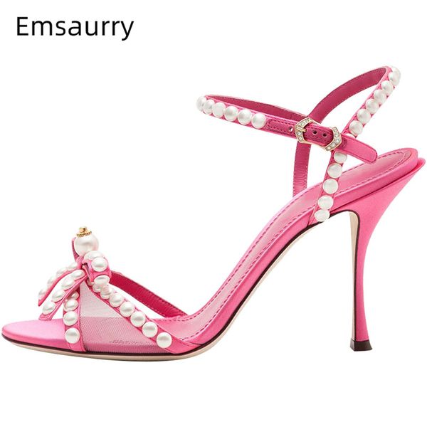 

beading pearl bowtie banquet shoes woman ankle strap air mesh string bead butterfly-knot high heel sandals women, Black