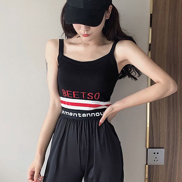 

b 2019 summer letter stripes print basic short women sleeveless camisole ladies stretch slim cropped haut femme, White