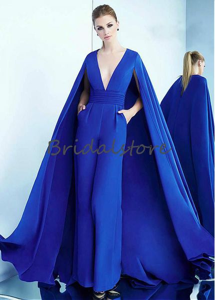 

dubai royal blue jumpsuits prom dresses with caped deep v neck keyhole back formal dresses with pocket evening wear elegant robes de soirée, Black