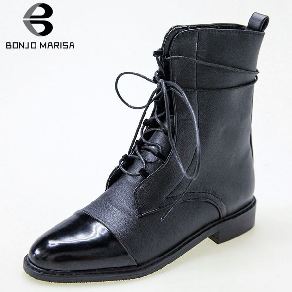 

bonjomarisa new 33-46 office ladies black mature ankle boots women 2019 fashion patchwork boots casual low heels shoes woman