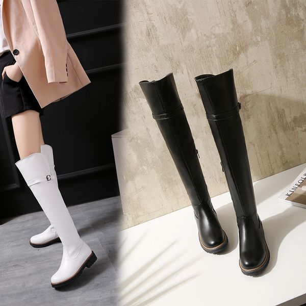 

large size 34-43 women knee high boots buckle with zip retro women's motorcycle boots thick fur warm winter snow, Black
