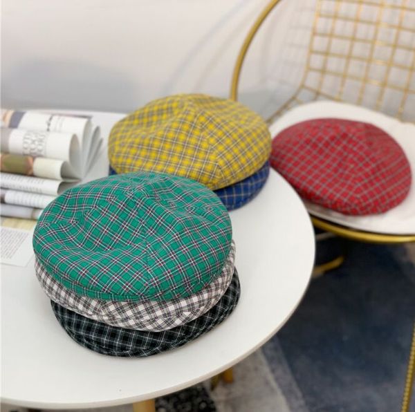 

new autumn women's casual cotton plaid print beret cap girls beret hat, Blue;gray