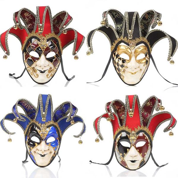 full face men women venetian theater jester joker masquerade mask with bells mardi gras party ball halloween cosplay mask costume 4 styles