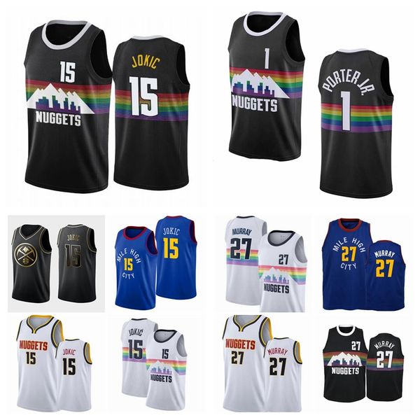

men denver nuggets 15 nikola jokic 27 murray 1 porter jr white bule 2019/20 city edition nba player jersey, Black;red